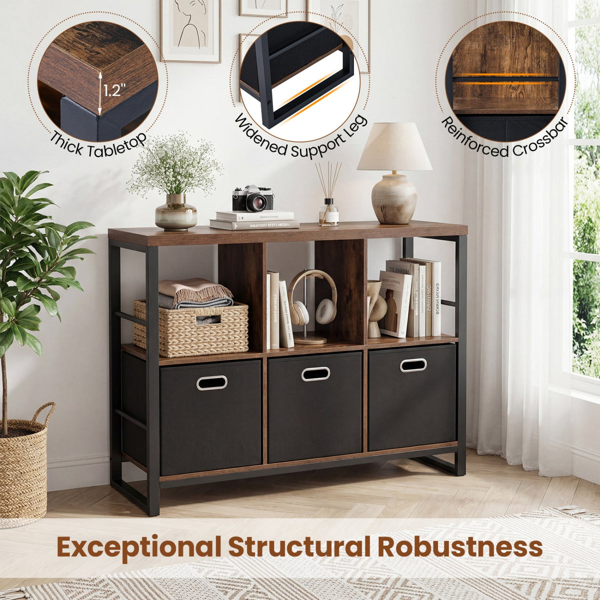 6-Cube Industrial Bookshelf with Storage Bins & Metal Frame 8