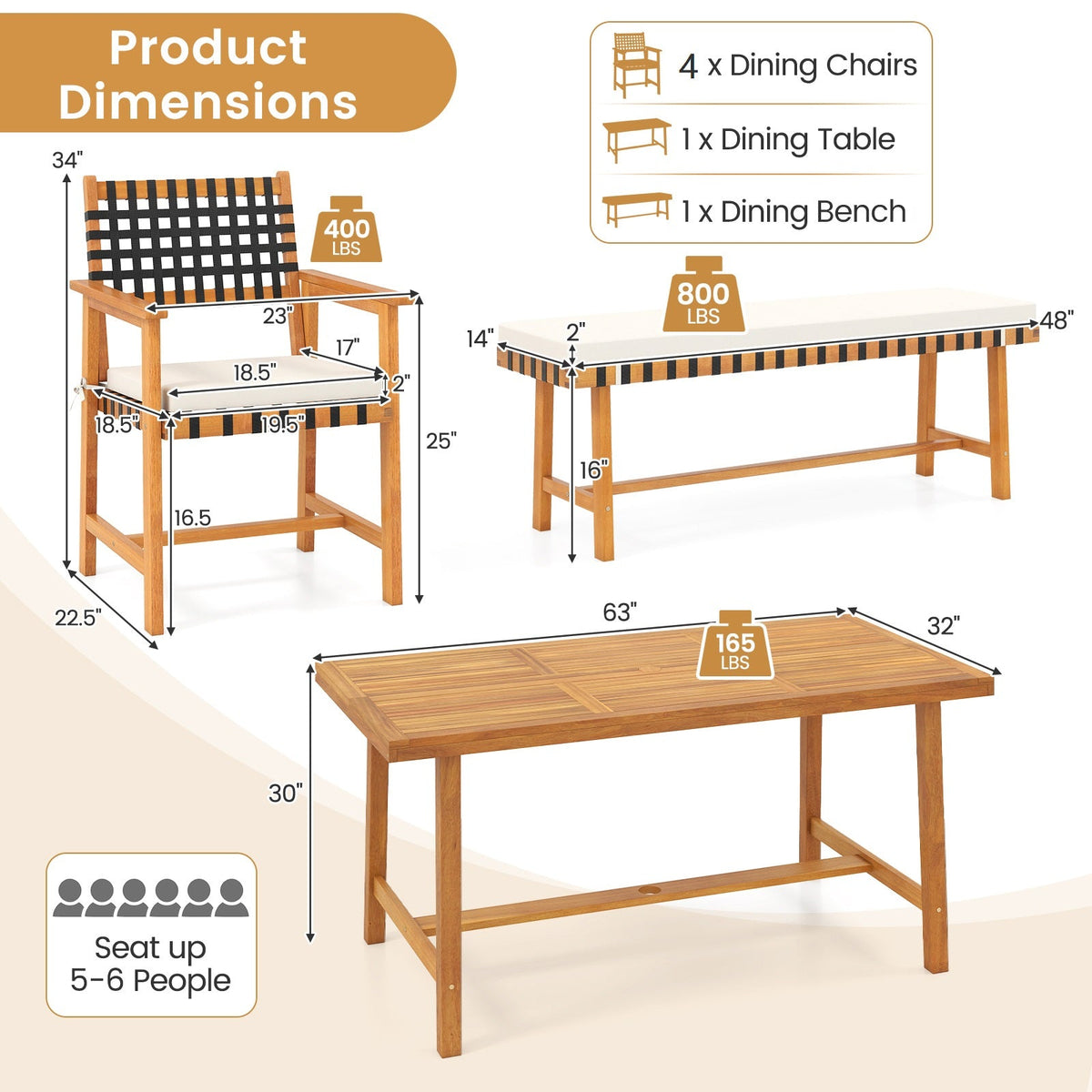 6-Piece Patio Dining Set for 5-6 People Farmhouse Furniture 5