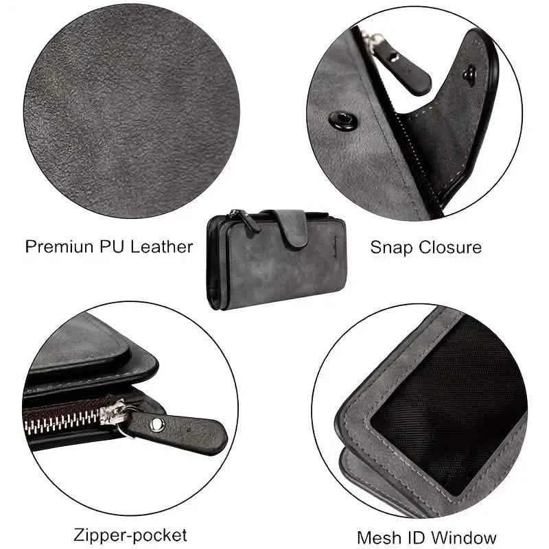Vintage Faux Leather Long Wallet – Trifold Credit Card Holder with Snap & Zipper 10