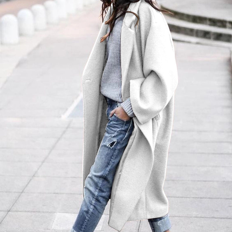 Casual Long Jacket With Pockets Solid Color Single Breasted Lapel Woolen Coat For Women Warm Winter Clothing 3