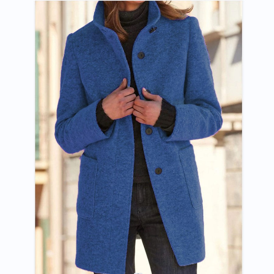 Fashion Stand Collar Woolen Coat With Pockets Fall Winter Casual Button Outwear For Women Clothing 4