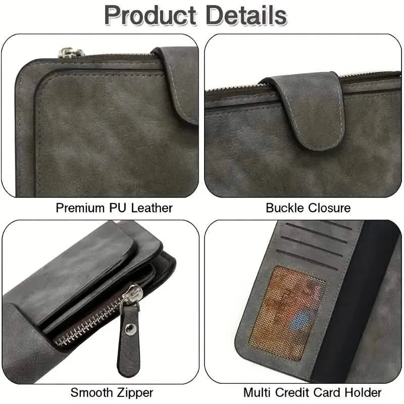Vintage Faux Leather Long Wallet – Trifold Credit Card Holder with Snap & Zipper 9