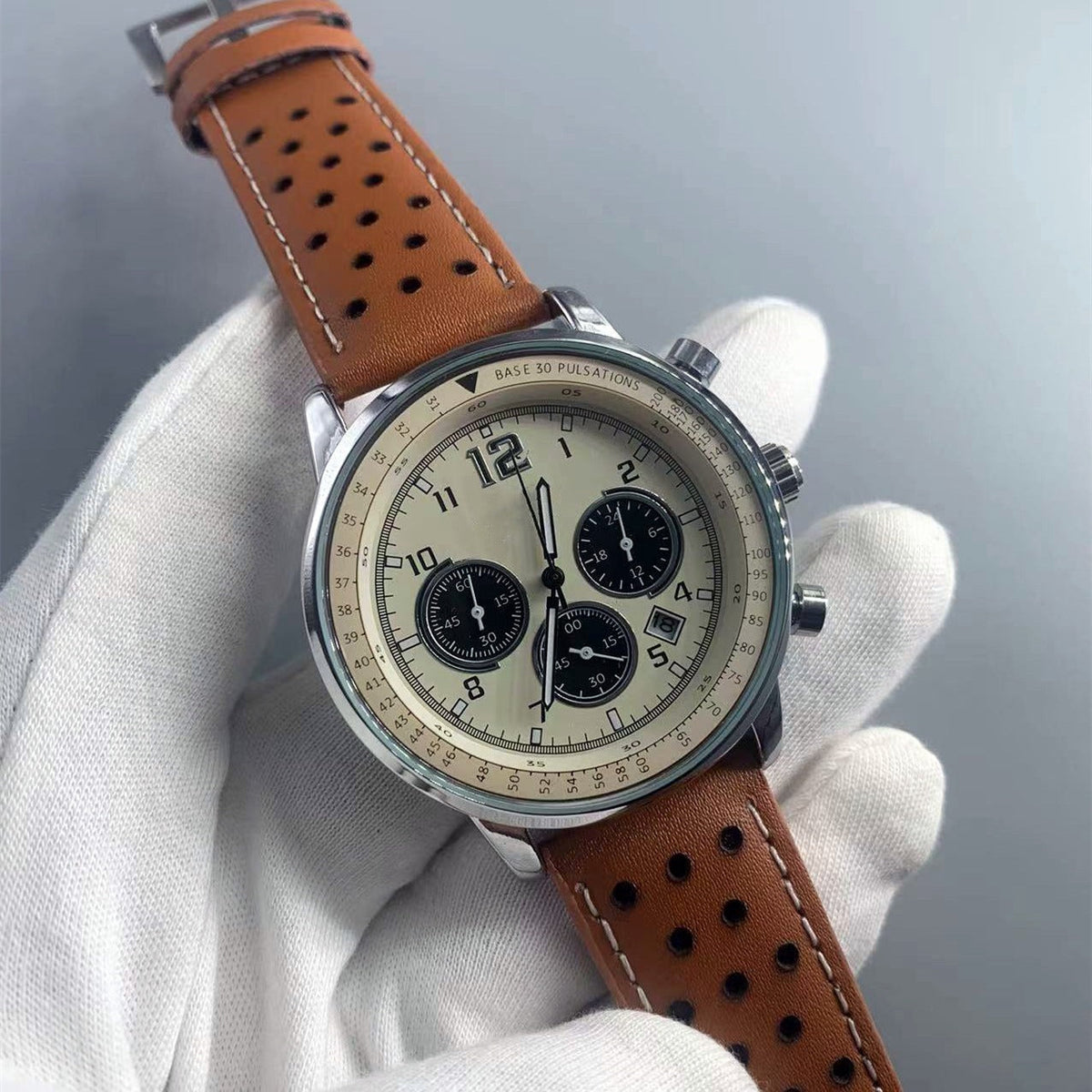 Six-hand Chronograph Quartz Watch With A Leather Strap 2