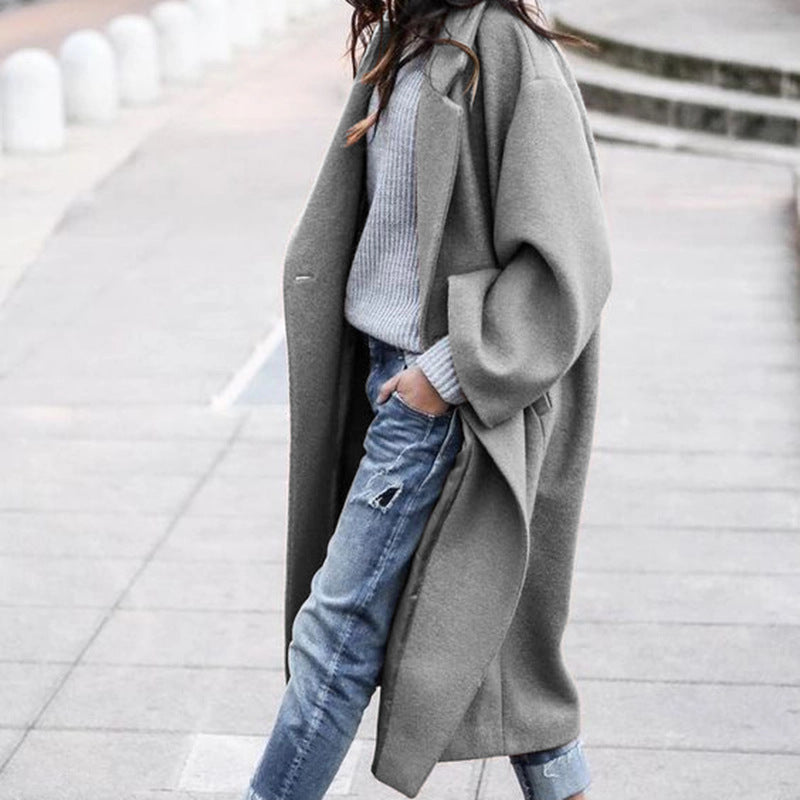 Casual Long Jacket With Pockets Solid Color Single Breasted Lapel Woolen Coat For Women Warm Winter Clothing 5