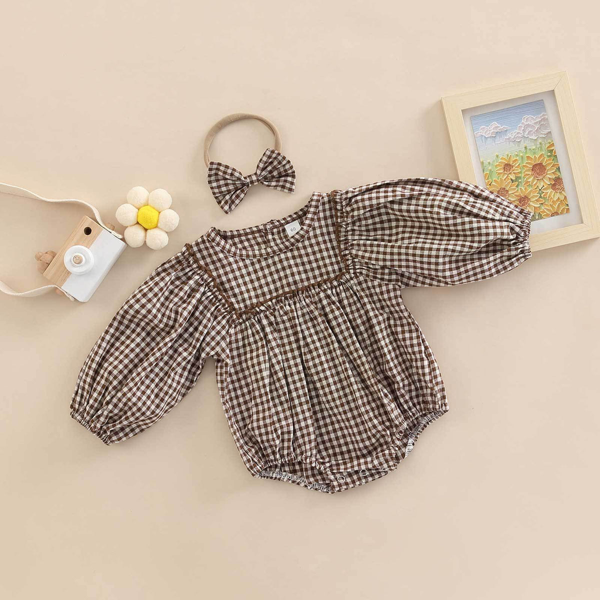 Simple Plaid-Print Long-Sleeve Outfit For Infants And Toddlers 3