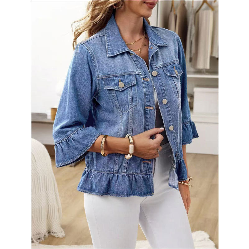 Exclusive Cross-border Supply Of Ruffled Denim Jacket For Women, Cropped Jean Jacket With Bell Sleeves, Sweet Style Outerwear 4