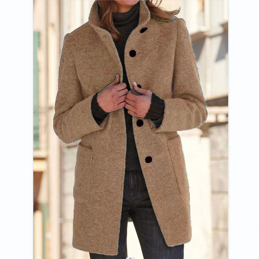 Fashion Stand Collar Woolen Coat With Pockets Fall Winter Casual Button Outwear For Women Clothing 11