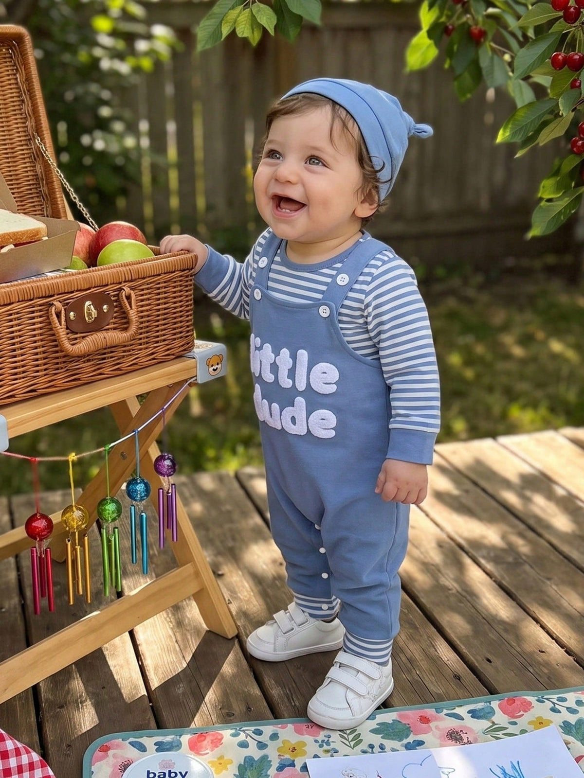 Baby And Toddler Striped Long-sleeve Romper Suspender Pants And Hat Set 4