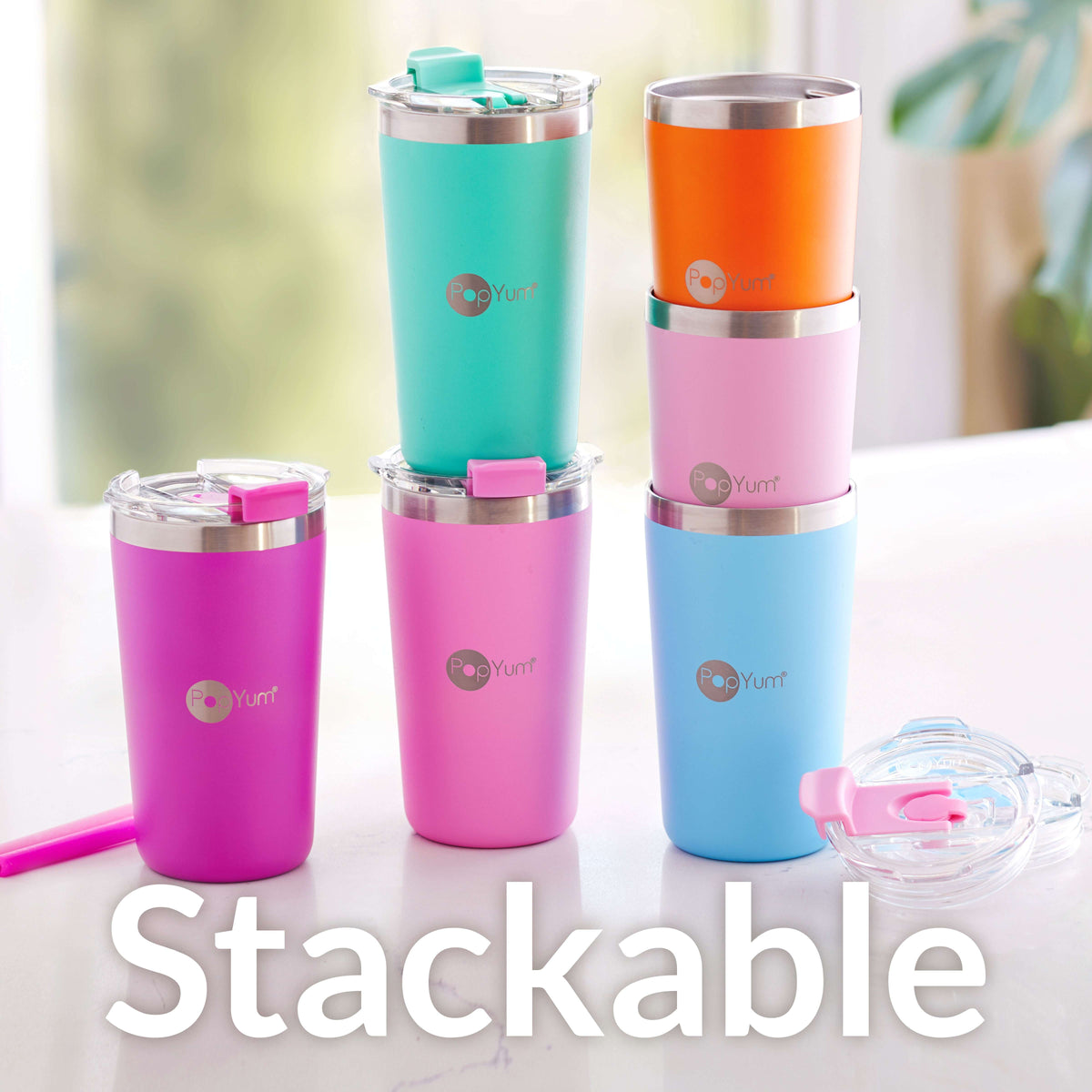 PopYum 13oz Insulated Stainless Steel Kids’ Cups with Lid and Straw, 2-Pack, Green & Pink, stackable, sippy, baby, child, toddler, tumbler 7