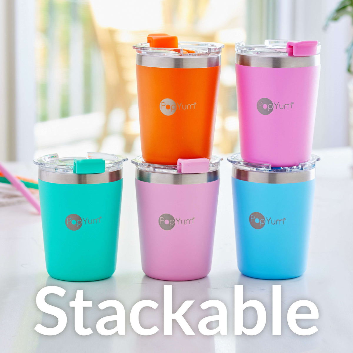 PopYum 9oz Insulated Stainless Steel Kids’ Cups with Lid and Straw, 2-Pack, Blue & Pink, stackable, sippy, baby, child, toddler, tumbler 7