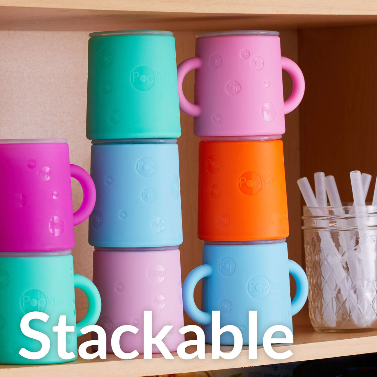 PopYum Silicone Training Cup with Straw Lid 2-Pack for Baby, Infant and Toddler, Tumbler, Sippy, handles, 5 ounce (blue, pink) 7