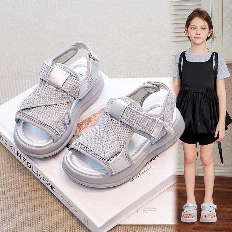 2026 New Summer Girls Rhinestone Roman Sandals, Thick Sole Hollow Breathable Casual Sports Fashion Versatile Sandals 2