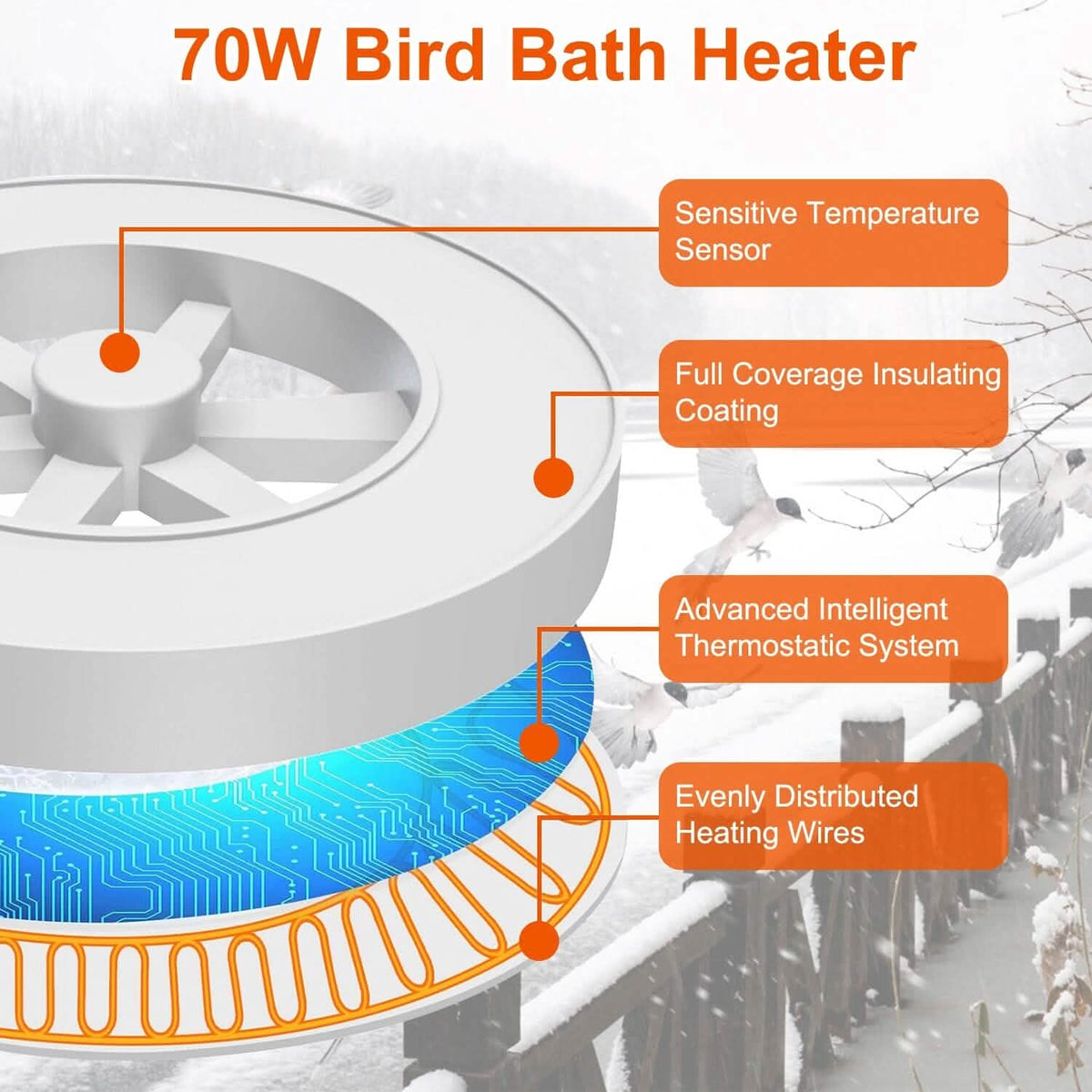 70W Bird Bath Deicer Aluminum Alloy Water Heater with Thermostat Auto Shutdown 5