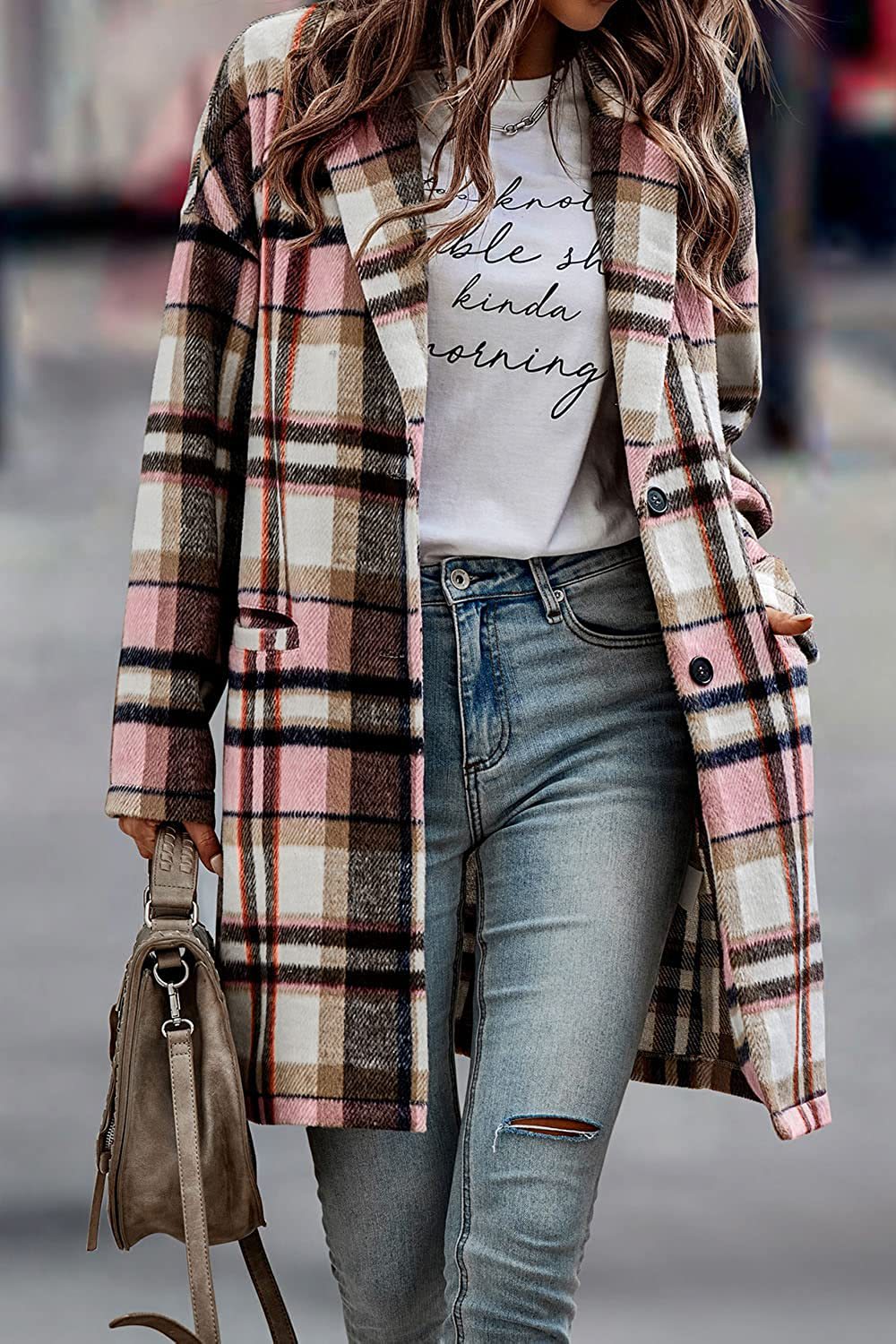 Fashion Plaid Long Jacket With Pockets Autumn And Winter New Style Turndown Collar Woolen Coat Outdoor Women Clothing 2