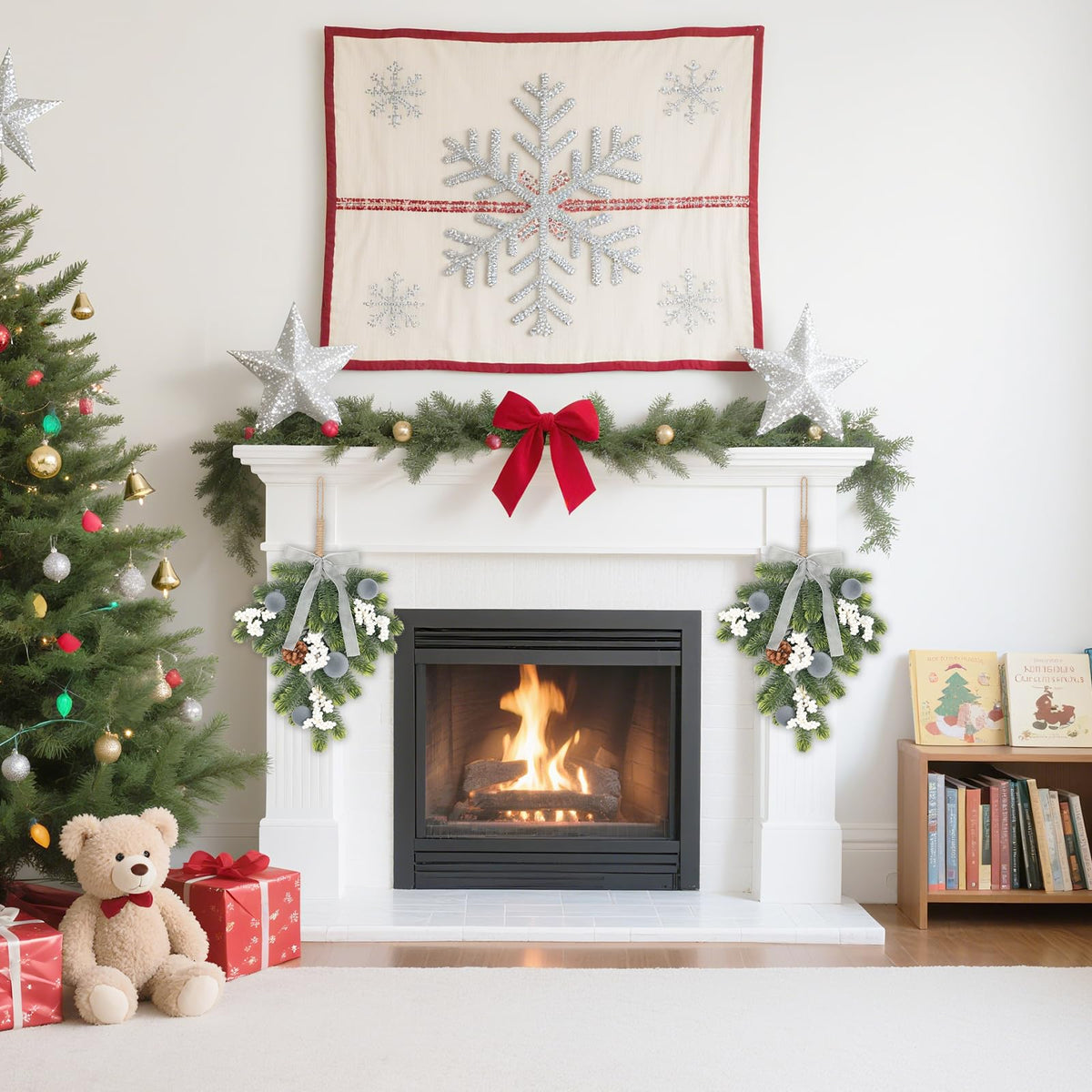 Super Holiday Christmas 2PCS Artificial Green Plant Wreaths Grey Velvet Bow 3