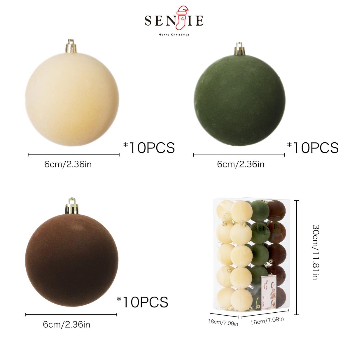 Senjie 30pcs Velvet Christmas Balls Ornaments 2.36in Brown Green Khaki 2