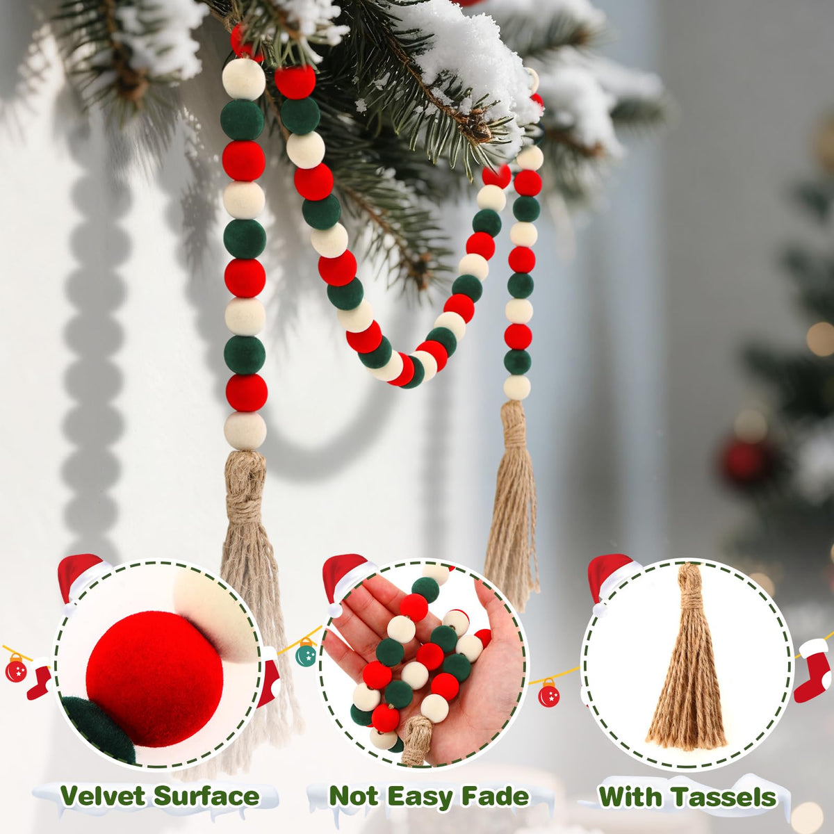 Canlierr Velvet Christmas Bead Garland 39in Neutral Flock Beads Tassels 3