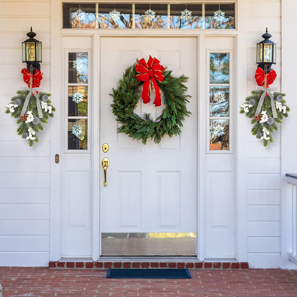 Super Holiday Christmas 2PCS Artificial Green Plant Wreaths Grey Velvet Bow 4
