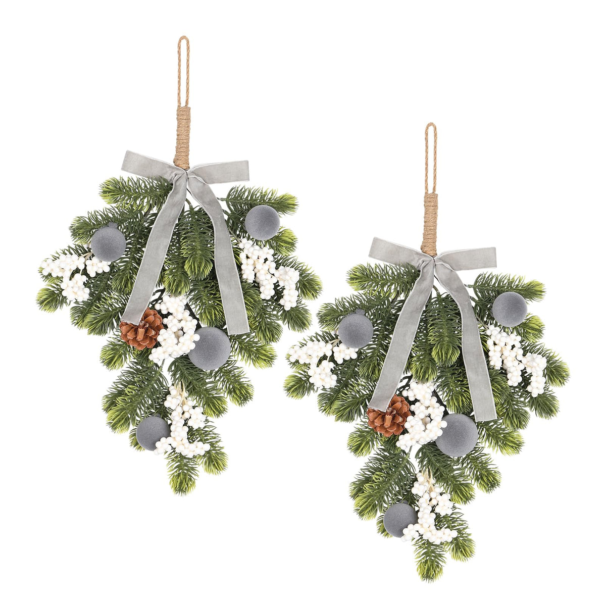 Super Holiday Christmas 2PCS Artificial Green Plant Wreaths Grey Velvet Bow 1