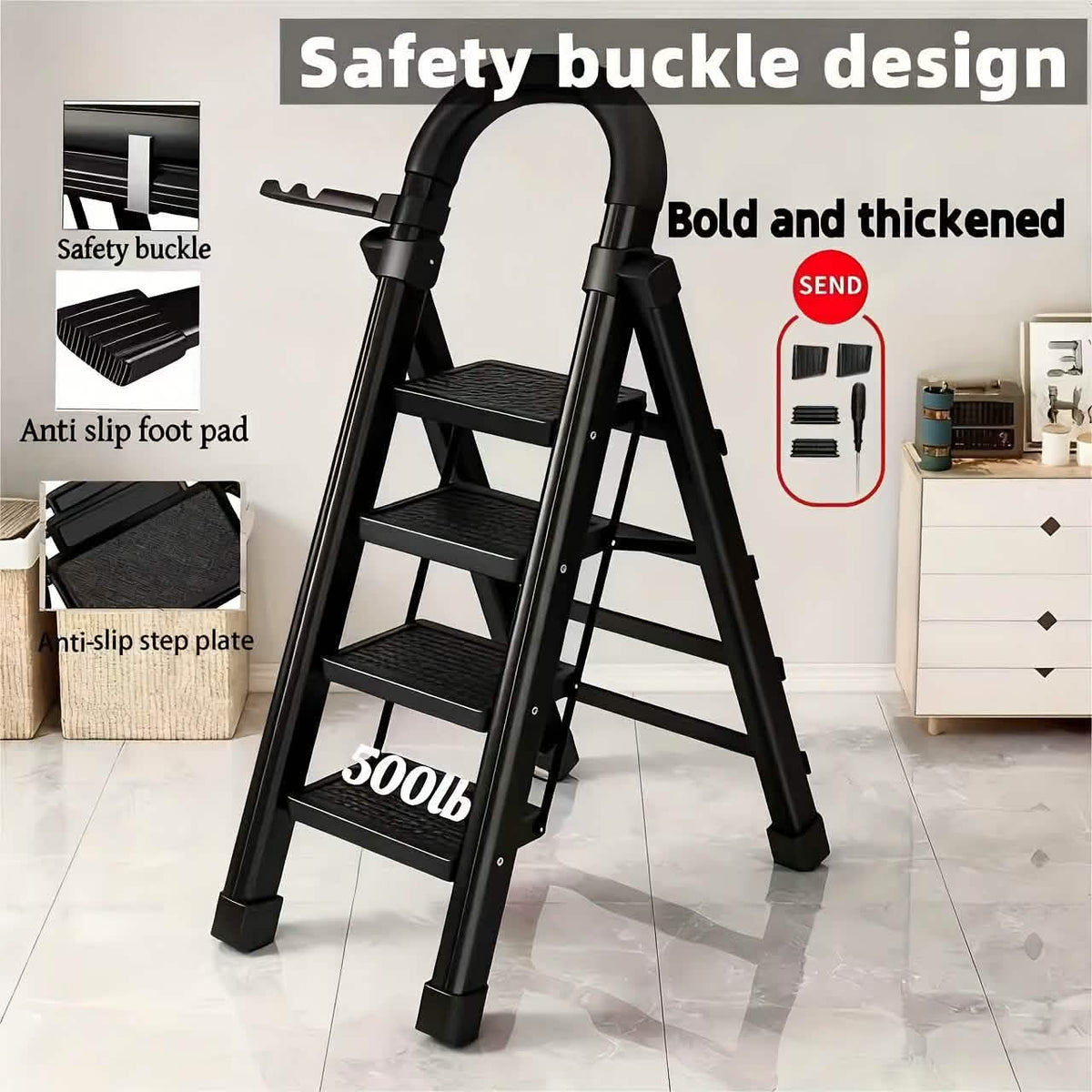 Folding 3/4-Step Ladder – Portable Steel Step Stool, Anti-Slip 11