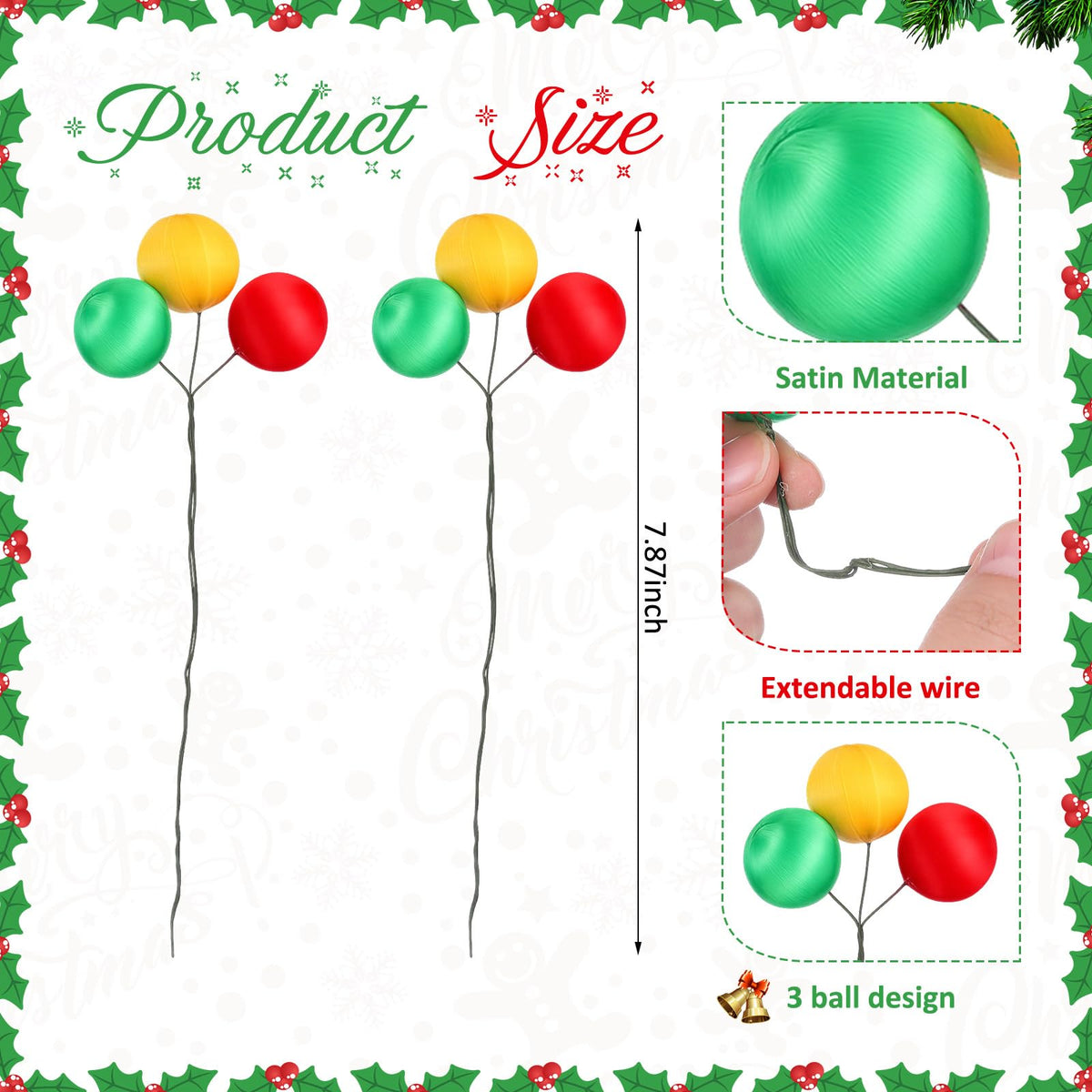 Suncalla Christmas Tree Ball Picks Satin Red Green Gold 7.9'' 12 Pcs 2