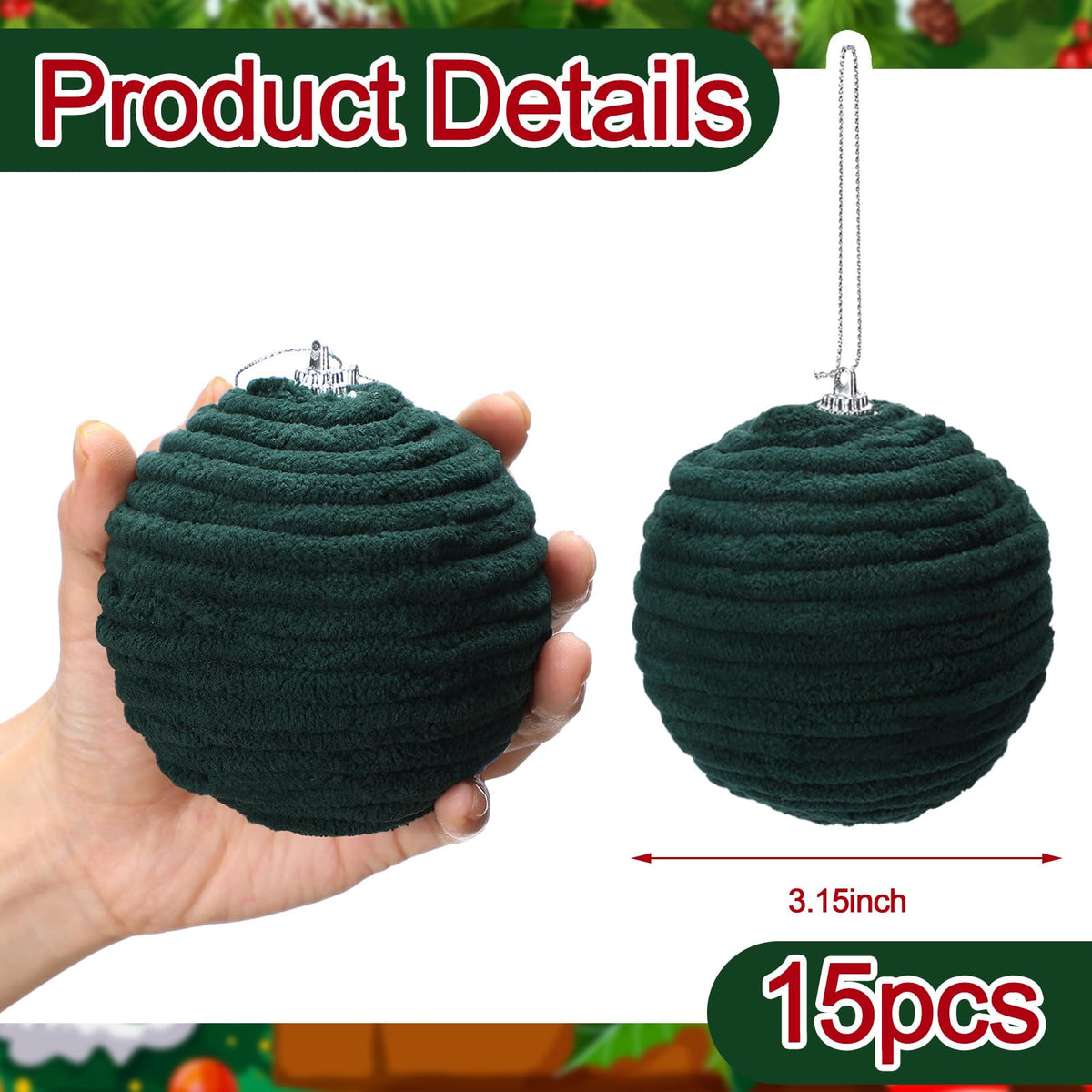 Soulchen 15 Pcs 3.15" Large Green Velvet Flocked Christmas Balls Ornaments 2