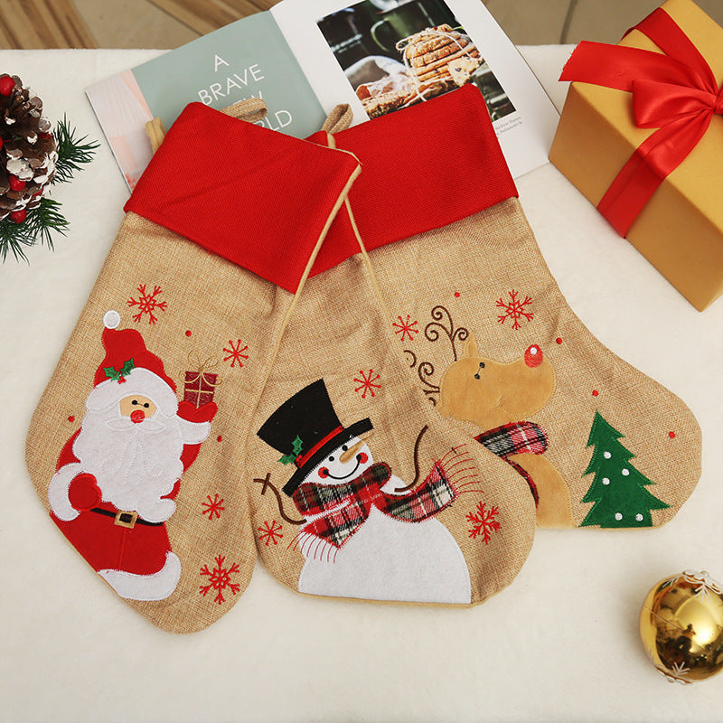 Christmas Decoration Linen Red Bordered Old Man Snowman Christmas Socks Christmas Gift Bag Candy Socks 3
