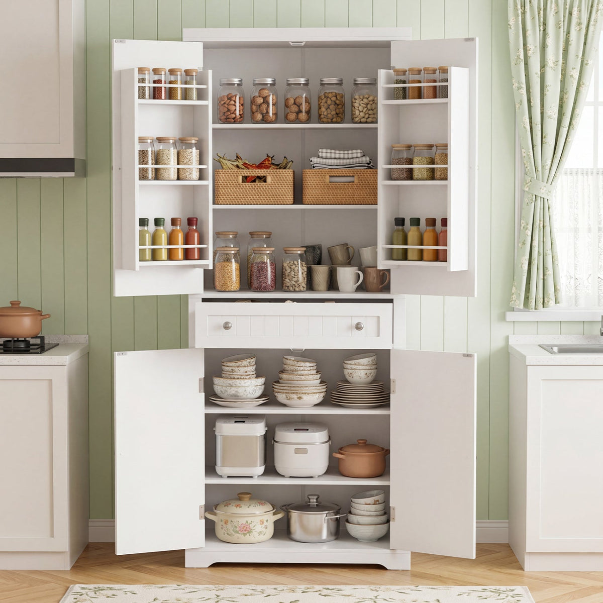 72" Tall Kitchen Pantry Cabinet with 4 Fluted Doors - White 1