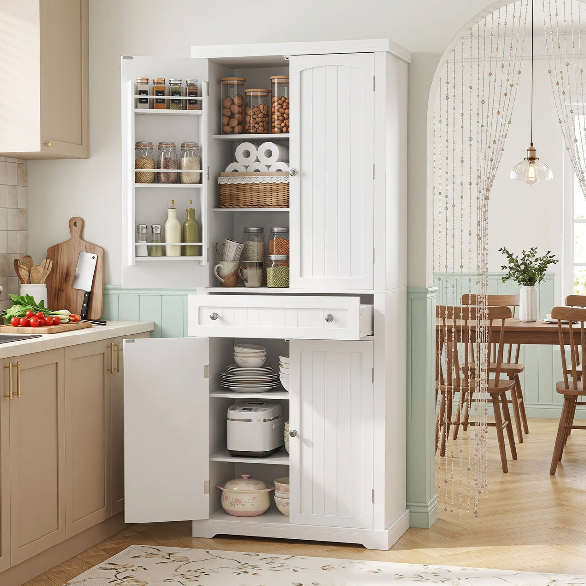 72" Tall Kitchen Pantry Cabinet with 4 Fluted Doors - White 2