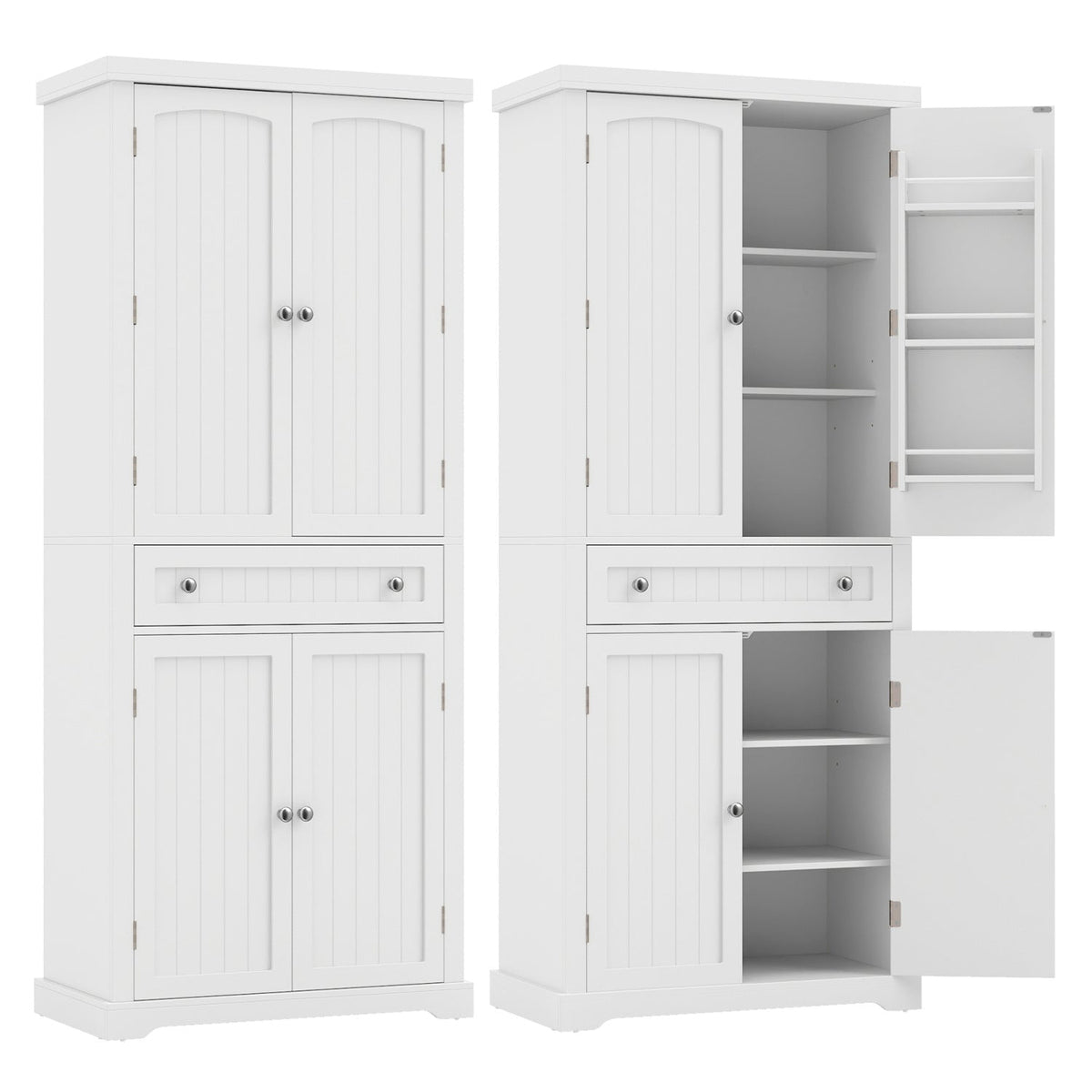 72" Tall Kitchen Pantry Cabinet with 4 Fluted Doors - White 3