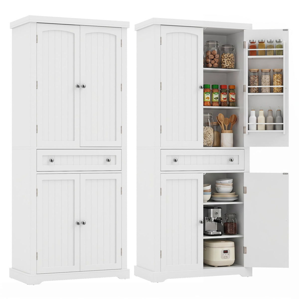 72" Tall Kitchen Pantry Cabinet with 4 Fluted Doors - White 4