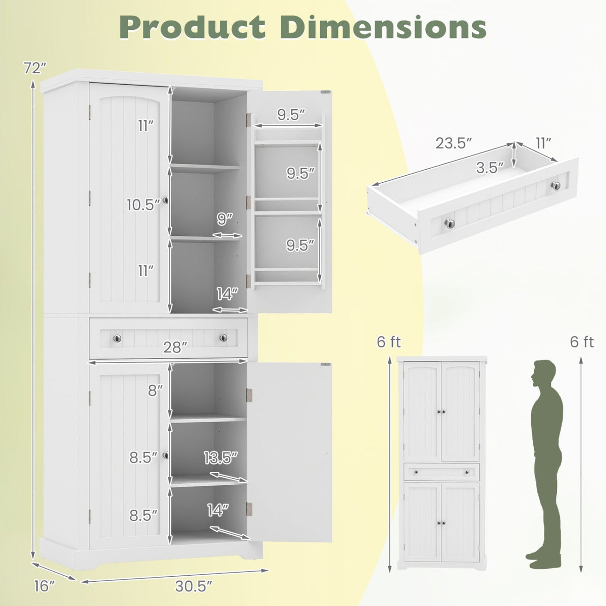 72" Tall Kitchen Pantry Cabinet with 4 Fluted Doors - White 5