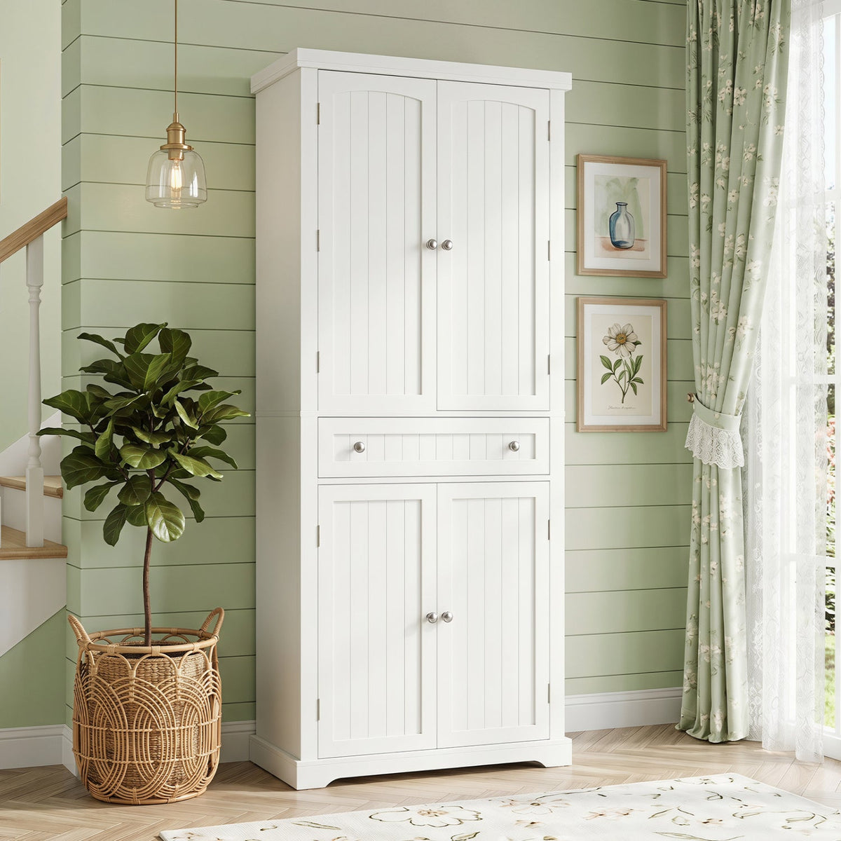 72" Tall Kitchen Pantry Cabinet with 4 Fluted Doors - White 6