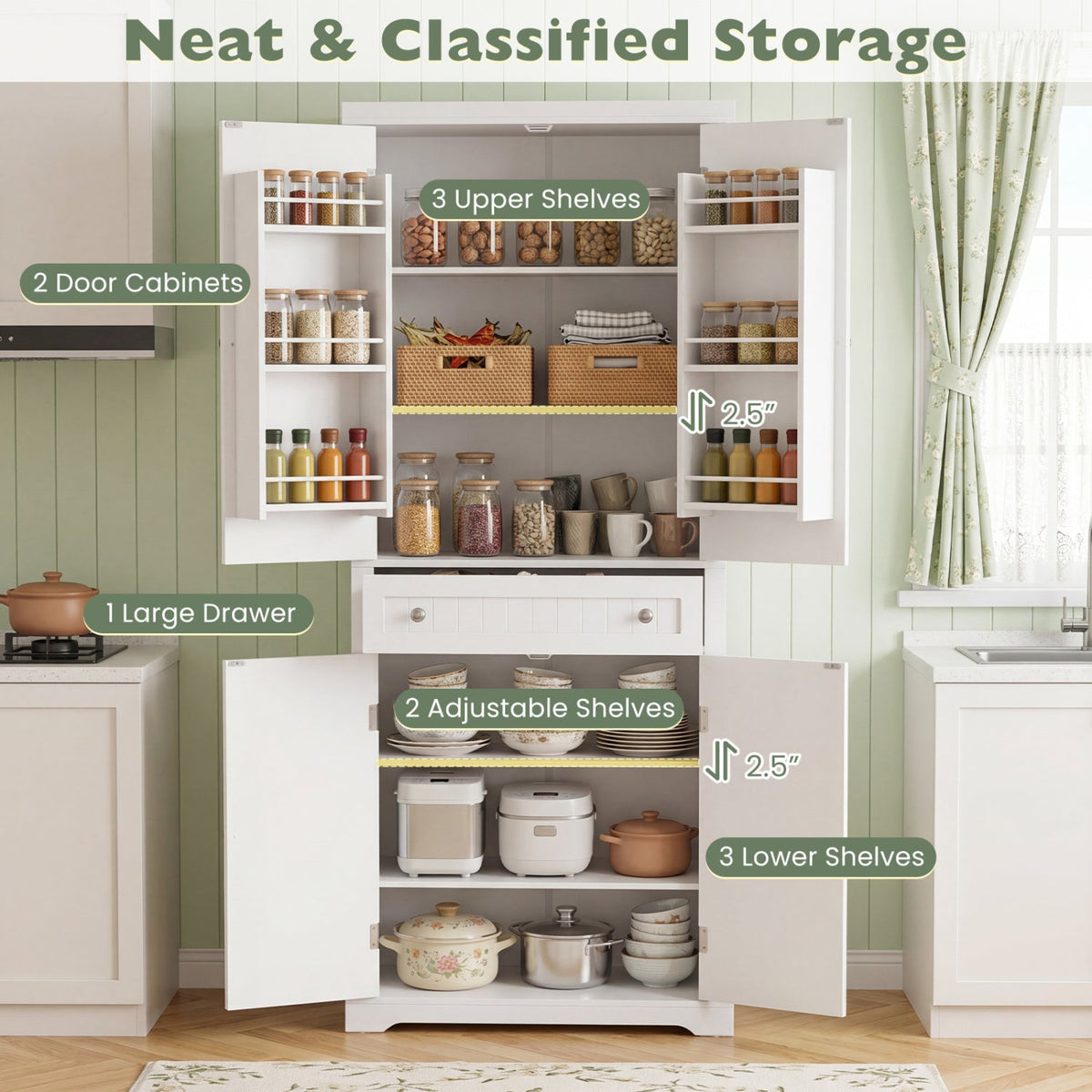 72" Tall Kitchen Pantry Cabinet with 4 Fluted Doors - White 7