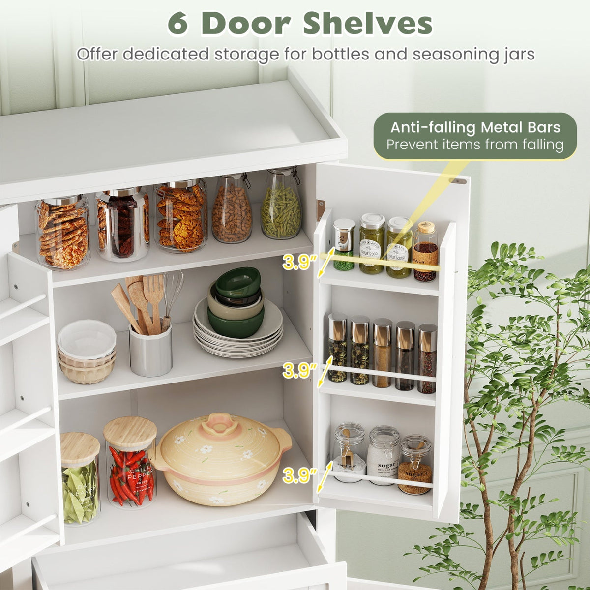 72" Tall Kitchen Pantry Cabinet with 4 Fluted Doors - White 8