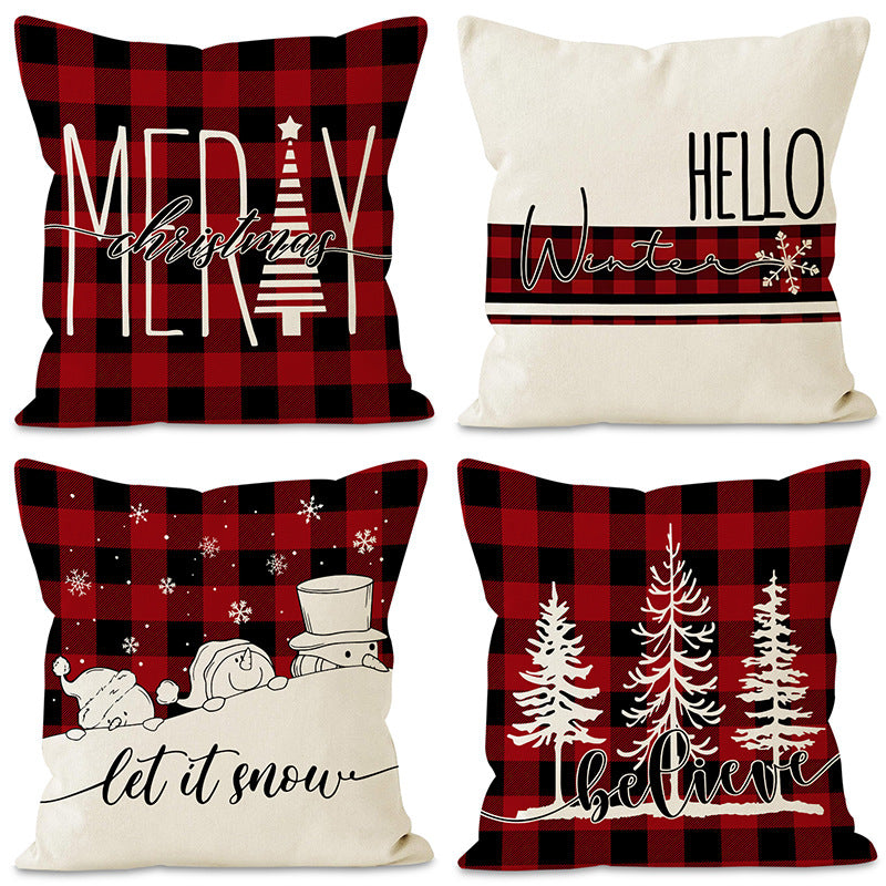 Christmas Pillowcase Linen Red Black Checkered Letter Printed Pillow Cover Holiday Living Room Decoration 1