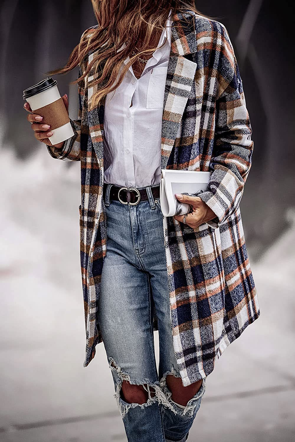 Fashion Plaid Long Jacket With Pockets Autumn And Winter New Style Turndown Collar Woolen Coat Outdoor Women Clothing 6