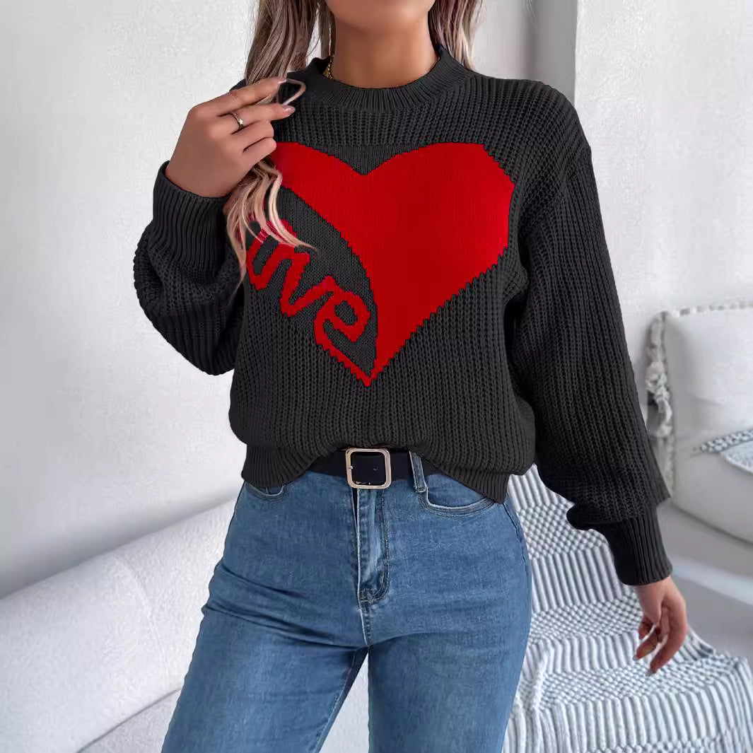 Love Print Pullover Sweater Autumn And Winter Loose Long-sleeved Knitted Tops For Women Valentine's Day Clothing 2