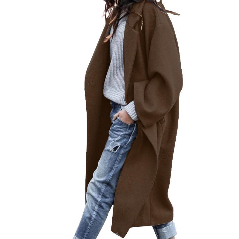 Casual Long Jacket With Pockets Solid Color Single Breasted Lapel Woolen Coat For Women Warm Winter Clothing 7