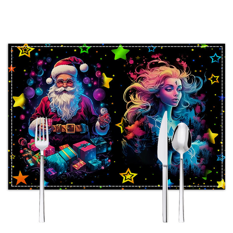 Christmas table mat with white linen starry sky and Santa Claus print 8