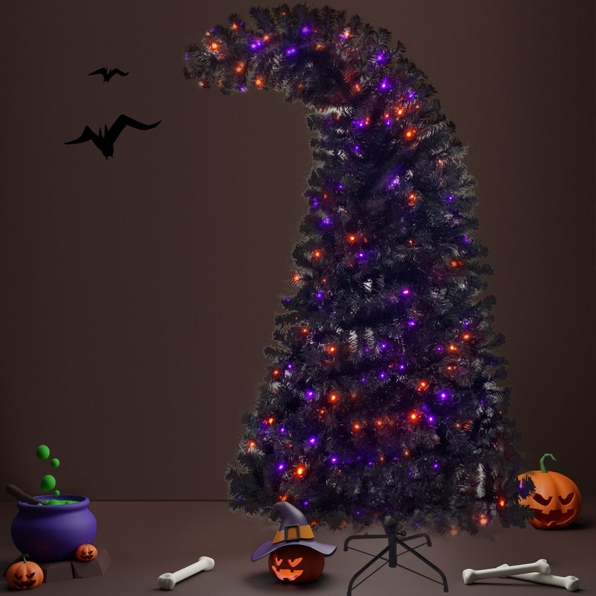 6FT artificial fir curved top Halloween tree, with 1080 lush branch tips and 300 LED lights in a Christmas and Halloween style 16
