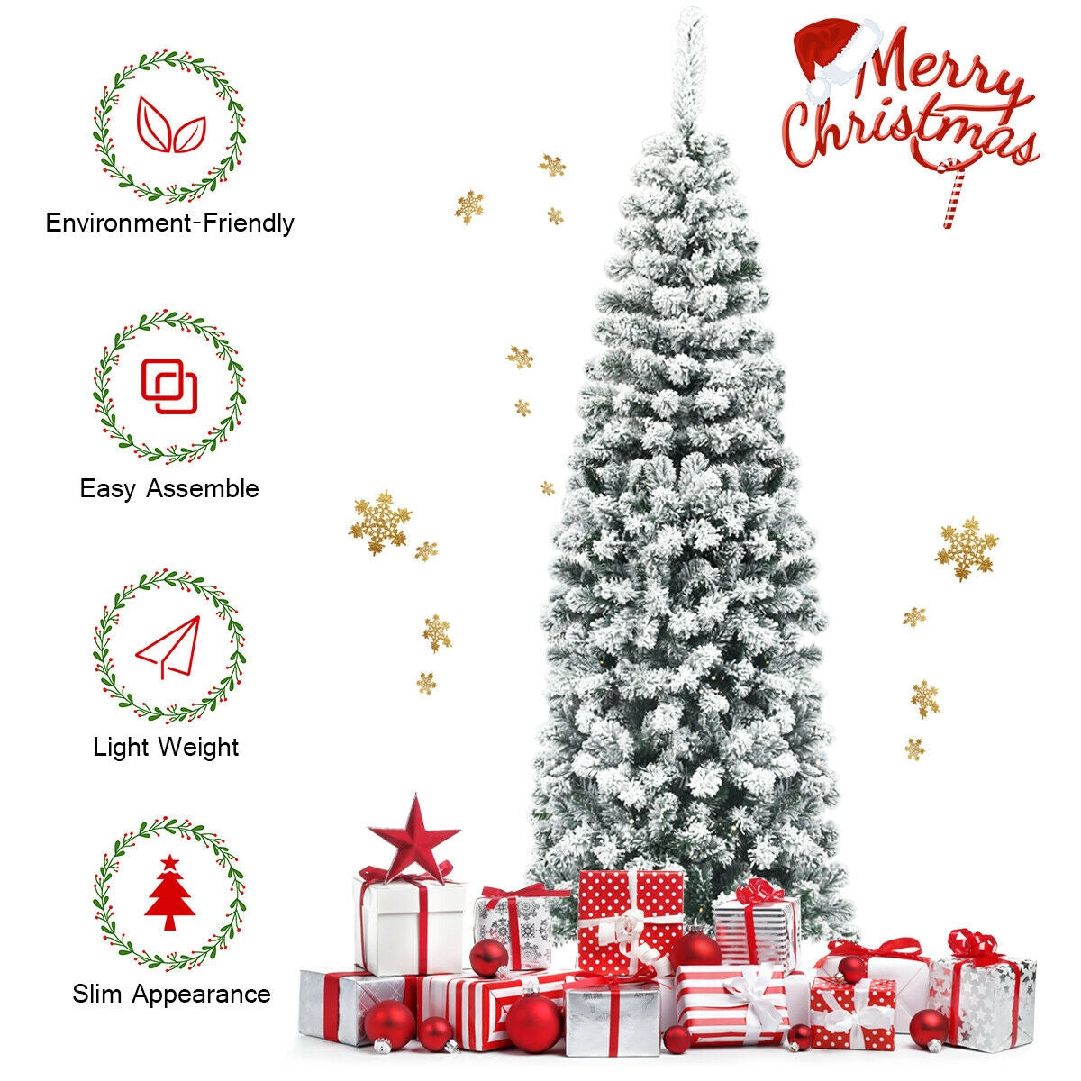 6 Feet Unlit Hinged Snow Flocked Artificial Pencil Christmas Tree with 500 Branch Tip 3