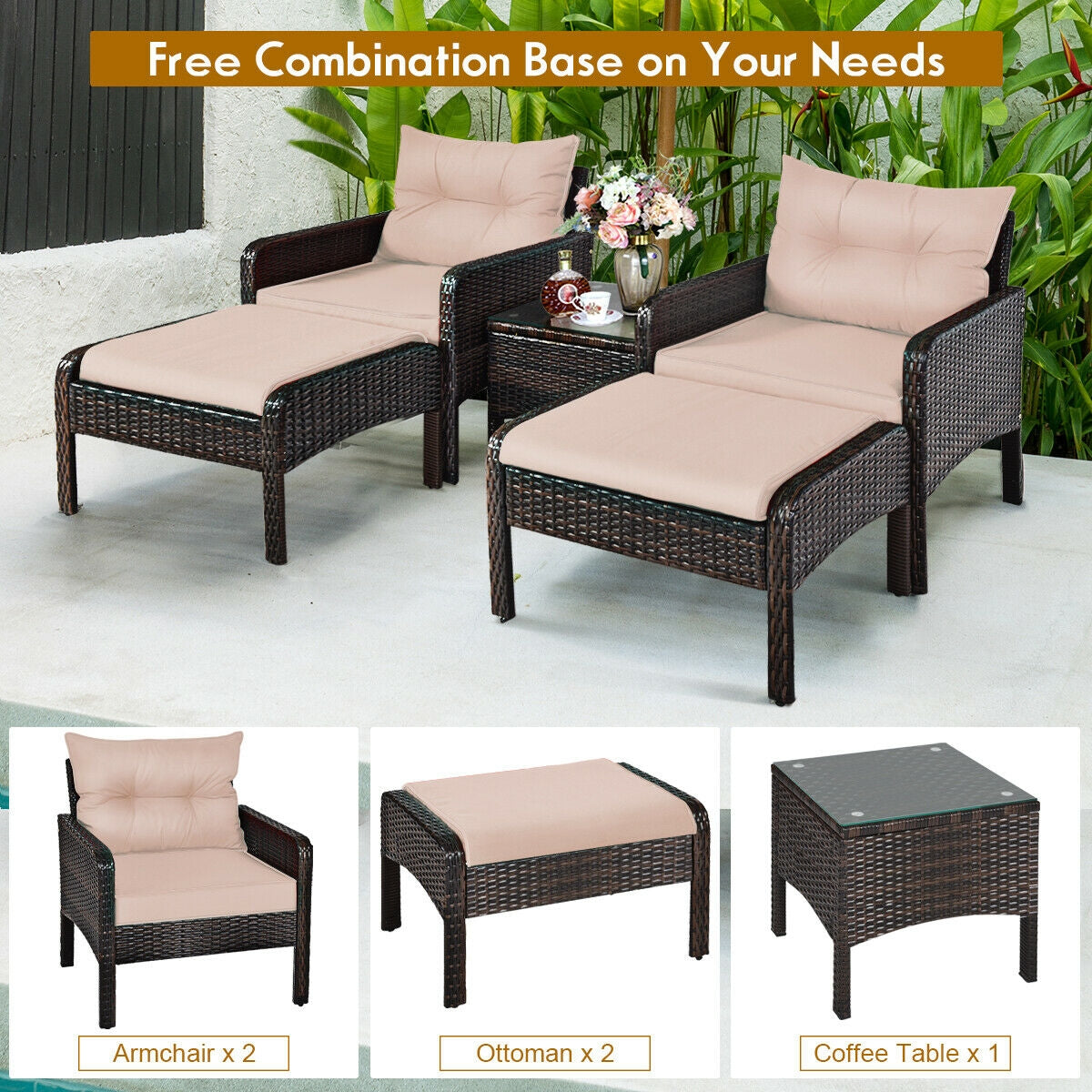 5 Pieces Patio Rattan Sofa Ottoman Furniture Set with Cushions-Black 2