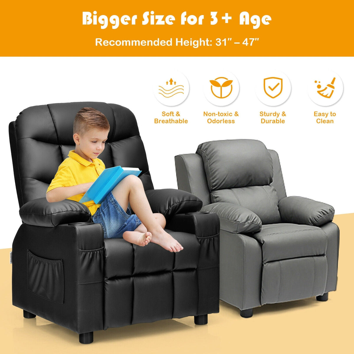 Kids Recliner Chair with Cup Holder and Footrest for Children 3