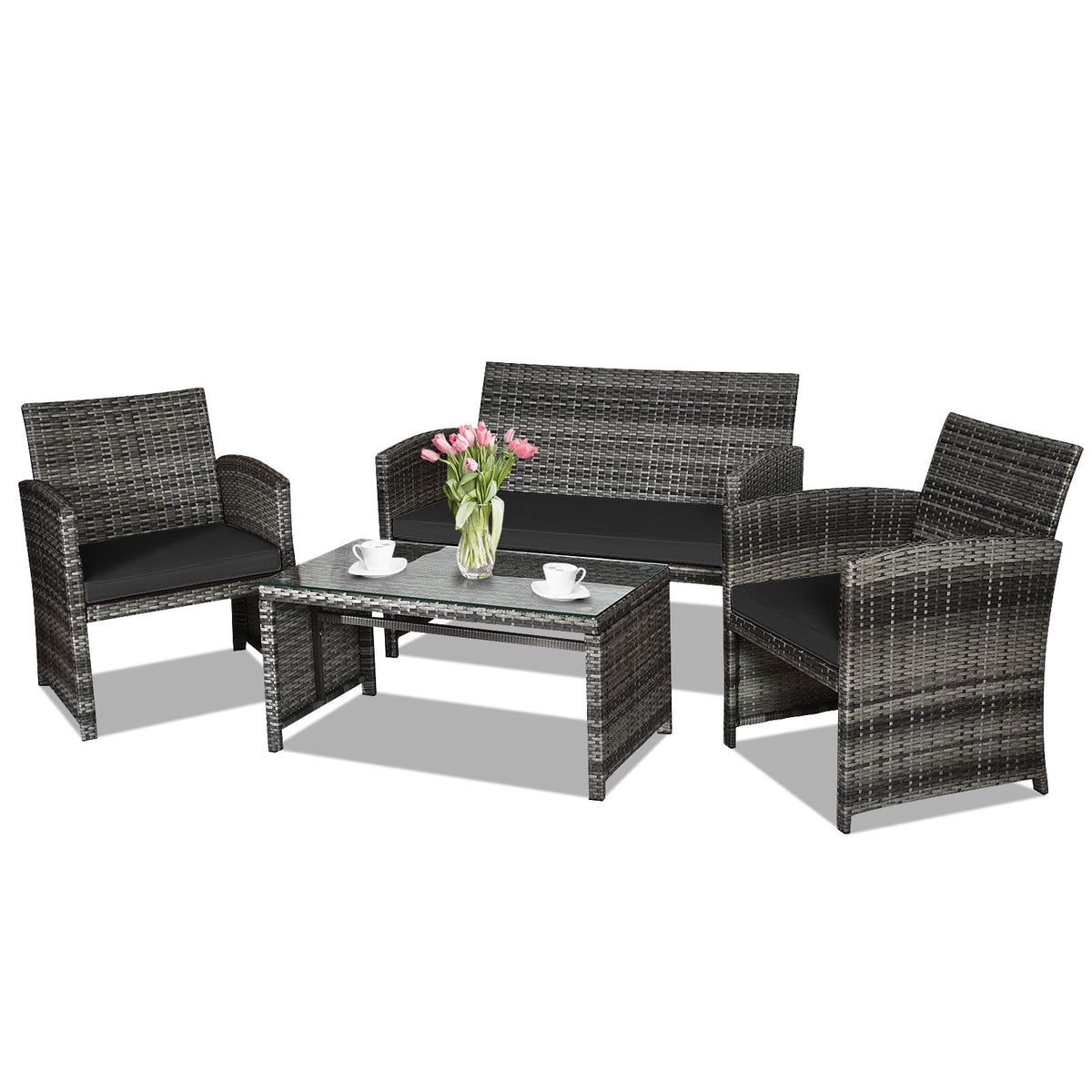 4 Pieces Patio Rattan Furniture Set with Glass Table and Loveseat-Gray 7