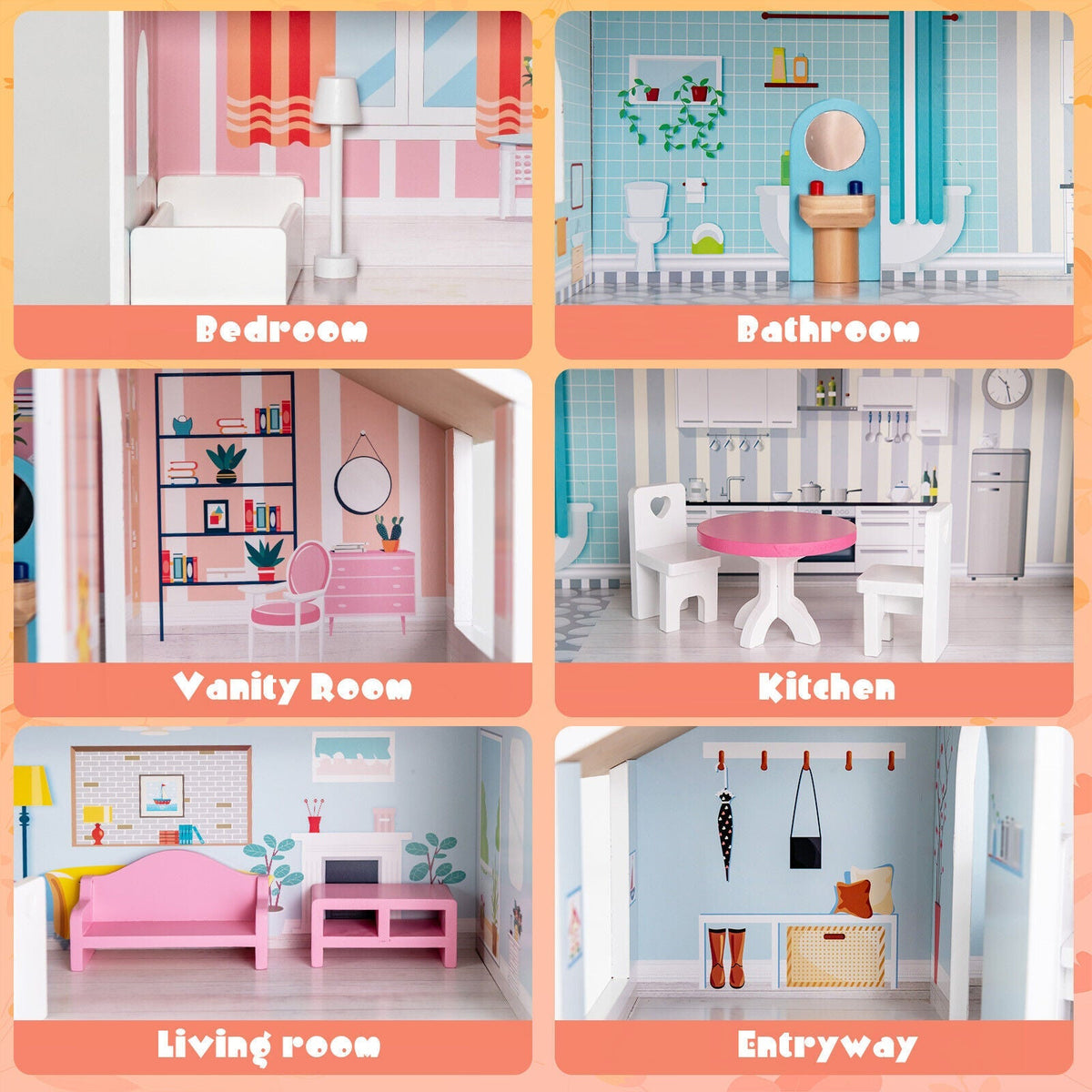 3-Tier Toddler Doll House with Furniture Gift for Age over 3 7
