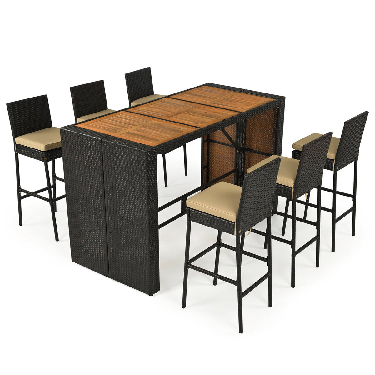 7-Piece Outdoor Wicker Bar Set with Acacia Wood Table & Stools 3