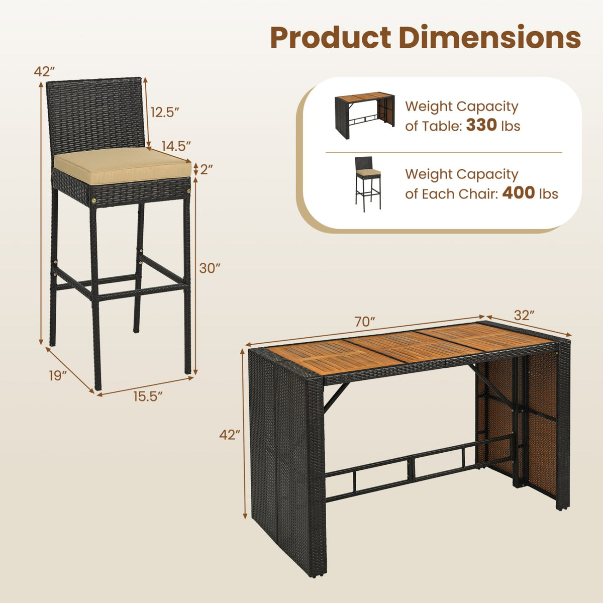 7-Piece Outdoor Wicker Bar Set with Acacia Wood Table & Stools 5
