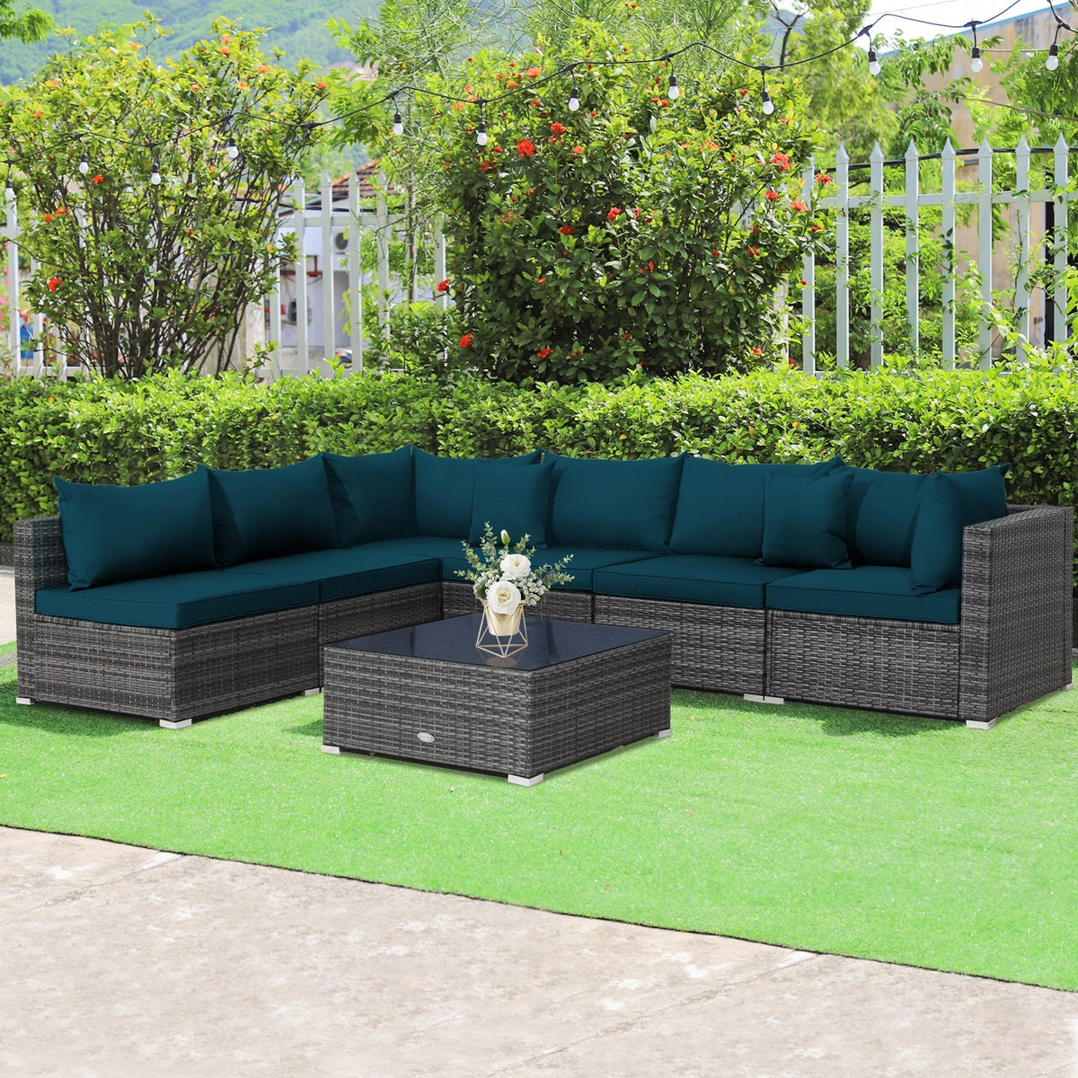 7 Pieces Patio Rattan Furniture Set Sectional Sofa Garden Cushion 1