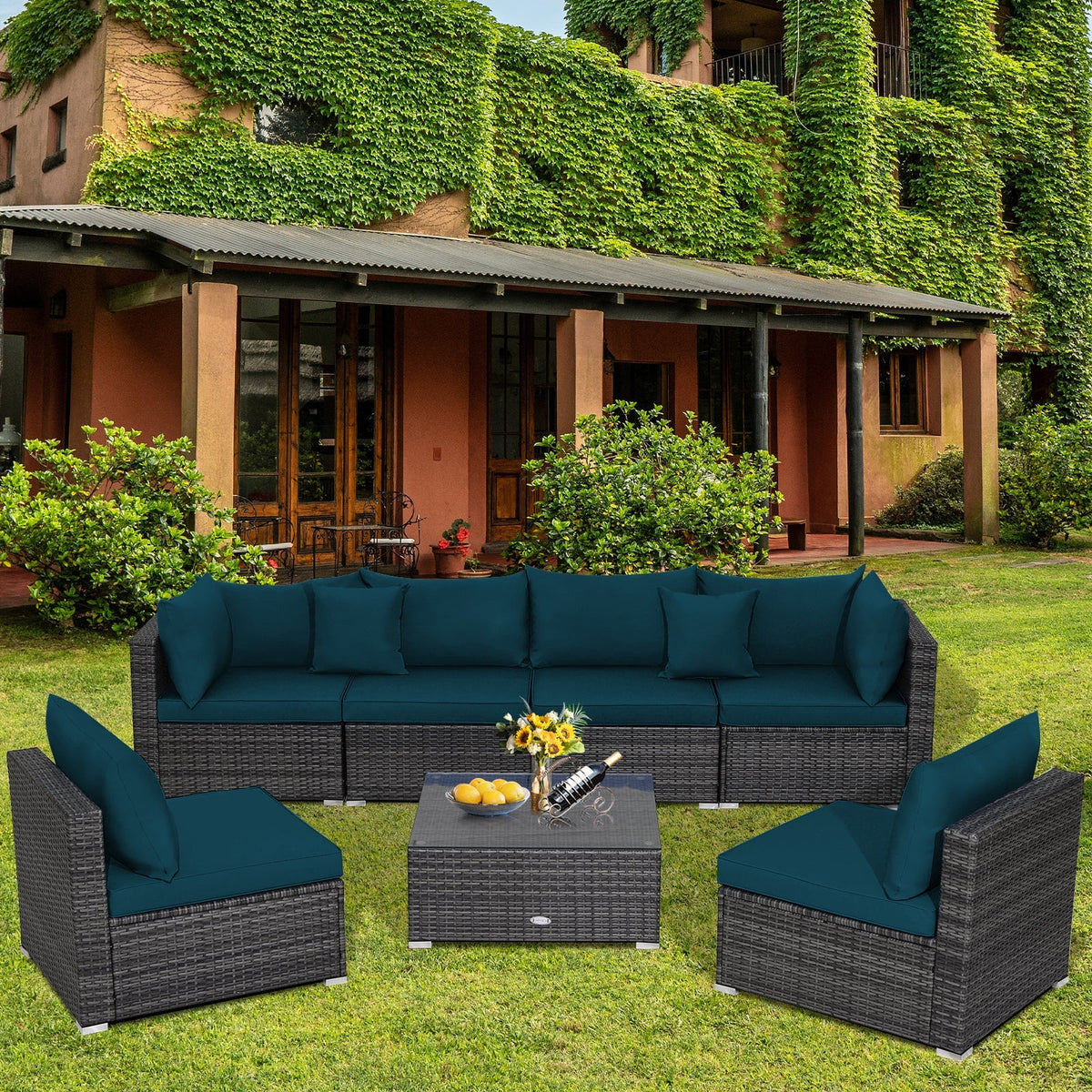 7 Pieces Patio Rattan Furniture Set Sectional Sofa Garden Cushion 9